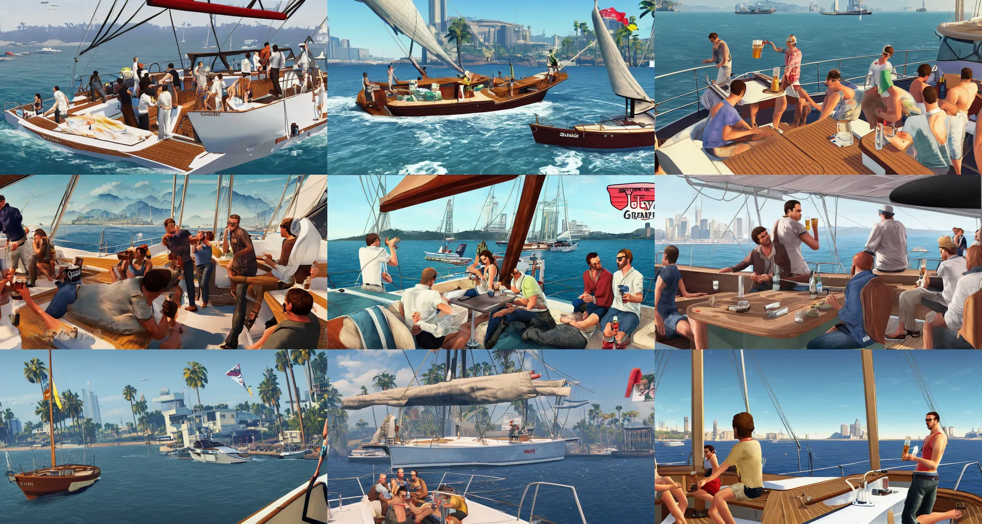 Prompt: people drinking beer on a sailboat, gta v poster