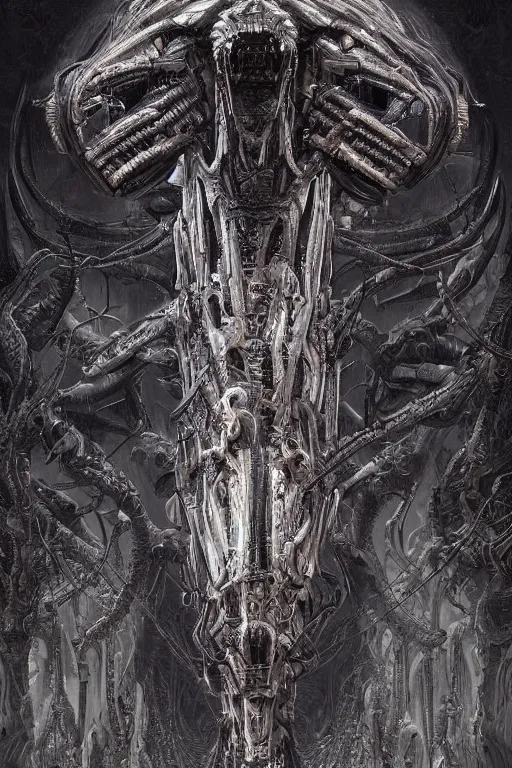 Prompt: H R Giger landscape emanating centered bio mechanical cyborg llama head emerging, evangelion beast mode, dramatic dynamic lighting, intricate, very very elegant, hyper detailed fractal interconnect background, digital painting, artstation, megastructure, very hyperrealistic, very very very HR GIGER, very beautiful, concept art, smooth, sharp focus, illustration daily deviation