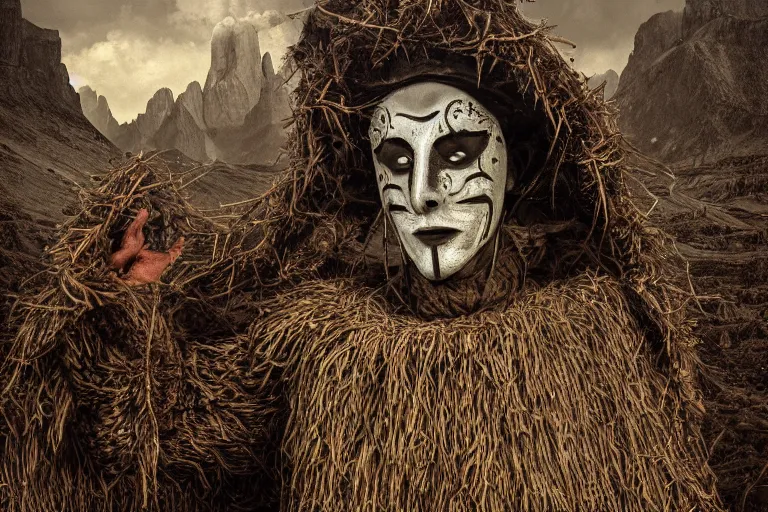 Image similar to portrait of a tyrolean folklore mask, dark, eerie , wearing hay coat, with horns, eerie, flowers growing out of his body, dolomites in the background, detailed intricate insanely detailed octane render, 8k artistic 1920s photography, photorealistic, chiaroscuro, by David Cronenberg, Raphael, Caravaggio