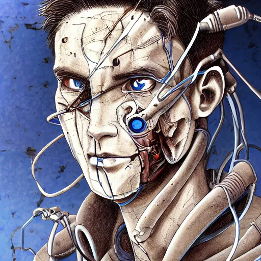 Image similar to Male cyborg, battle-damaged, scarred, wearing facemask, youthful face, neutral expression, blue eyes, neutral background, headshot, sci-fi, wires, cables, gadgets, Digital art, detailed, anime, artist Katsuhiro Otomo