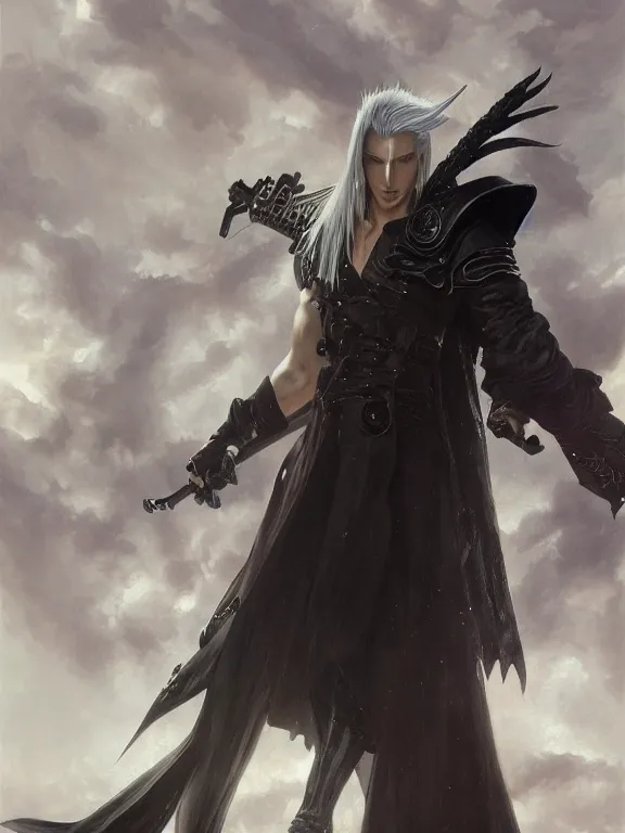 Image similar to a beautiful and detailed matte painting of sephiroth from final fantasy 7, fantasy, d & d, dark eyeliner, intricate, elegant, highly detailed, digital painting, artstation, concept art, matte, sharp focus, illustration, art by greg rutkowski and alphonse mucha