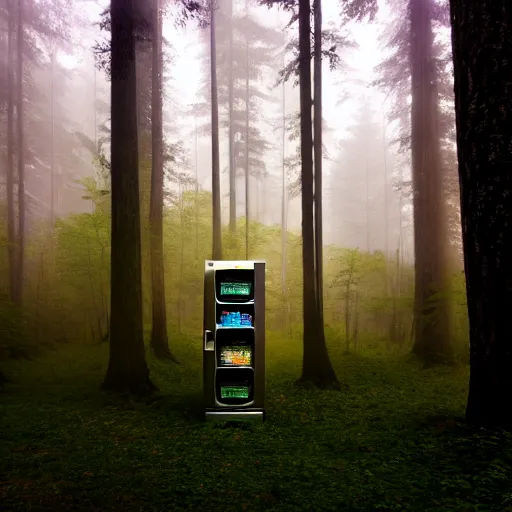 Image similar to dreamlike visage of a vending machine alone in a forest knoll, mystical, unusual, serene, foggy, dawn lighting, dew, mountain forest, hyperdetailed