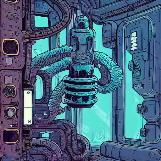 Image similar to robotic Octopus in an airlock, Industrial Scifi, cyberpunk, detailed illustration, character portrait, by Martin Grip and Moebius