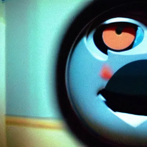 Prompt: creepy found footage of Thomas the tank engine 🥺🥺🥺🥺🥺🥺 super close up zoom fish eye staring into your soul terrifying backrooms horror