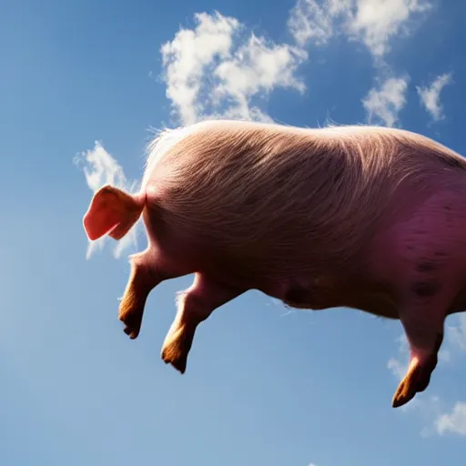 Prompt: pig flying with angel wings in a blue sky dramatic lighting