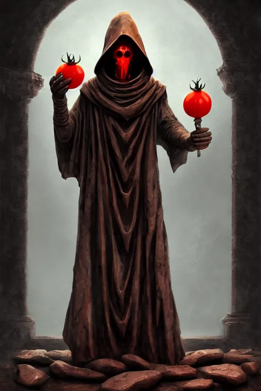 Prompt: an ancient statue of a hooded cultist is holding a bloody knife in one hand and a tomato on the other, standing in a forgotten temple to an eldritch god, by patrick mcenvoy and michael komarck and fantasy flight, incredible quality, trending on artstation