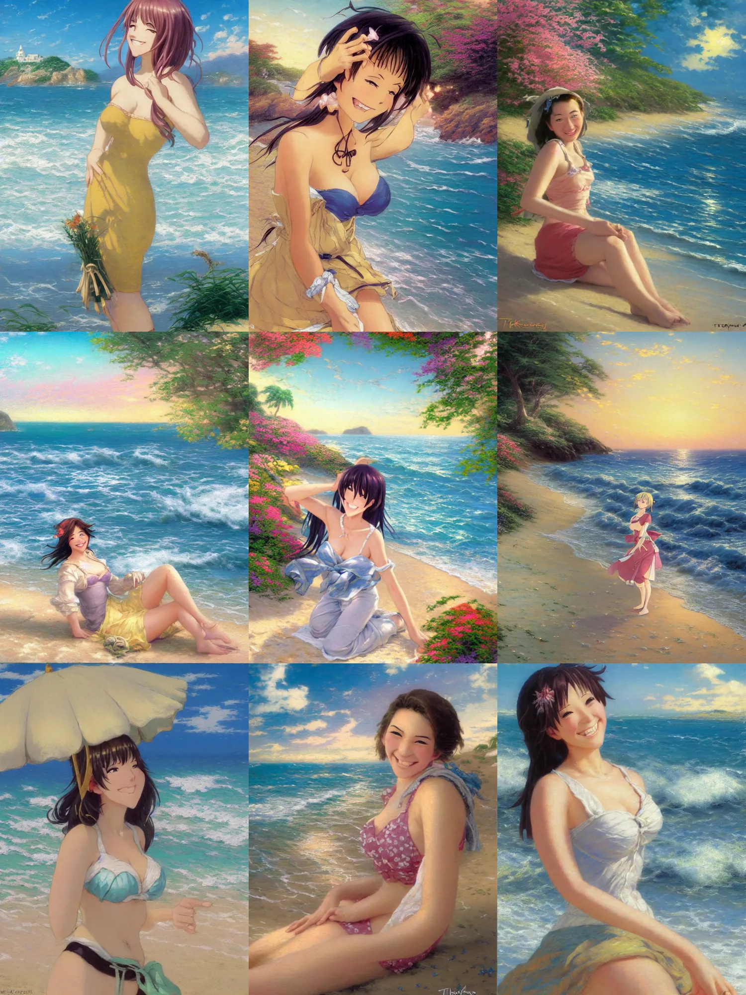 Prompt: Portrait of a happy anime woman on the beach near the ocean, thomas kinkade, very comfy