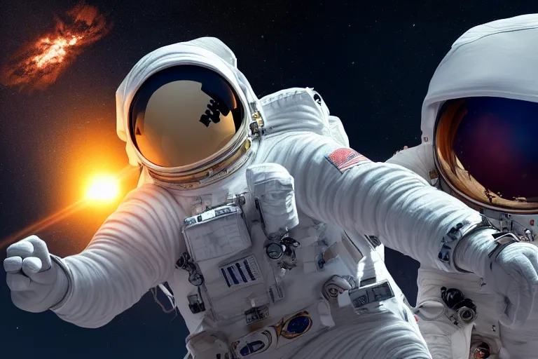 Image similar to astronaut in space wearing a spacesuit floating, meteor hitting earth in background, highly detailed, photorealistic portrait, bright studio setting, studio lighting, crisp quality and light reflections, unreal engine 5 quality render