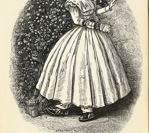 Image similar to Tenniel illustration portrait of Alice, walking in wonderland