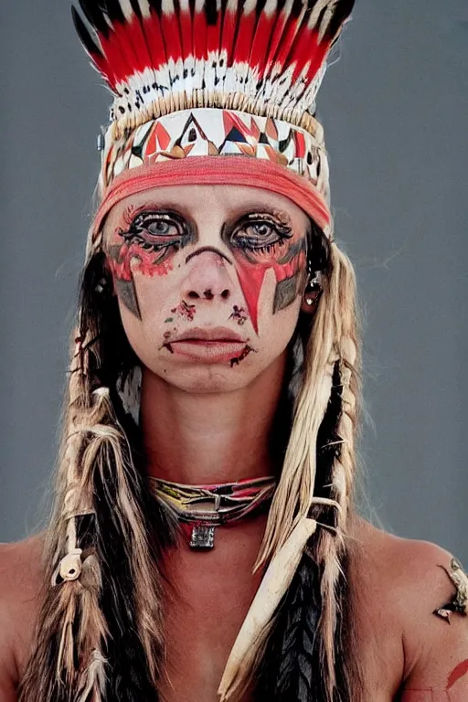 Image similar to Photo of Native American indian woman Yolandi Visser, portrait, skilled warrior of the Apache, ancient, realistic, detailed, Yolandi Visser