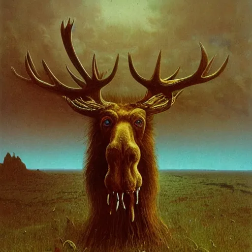 Image similar to hairy barbarian with moose head by bruce pennington and zdzisław beksinski