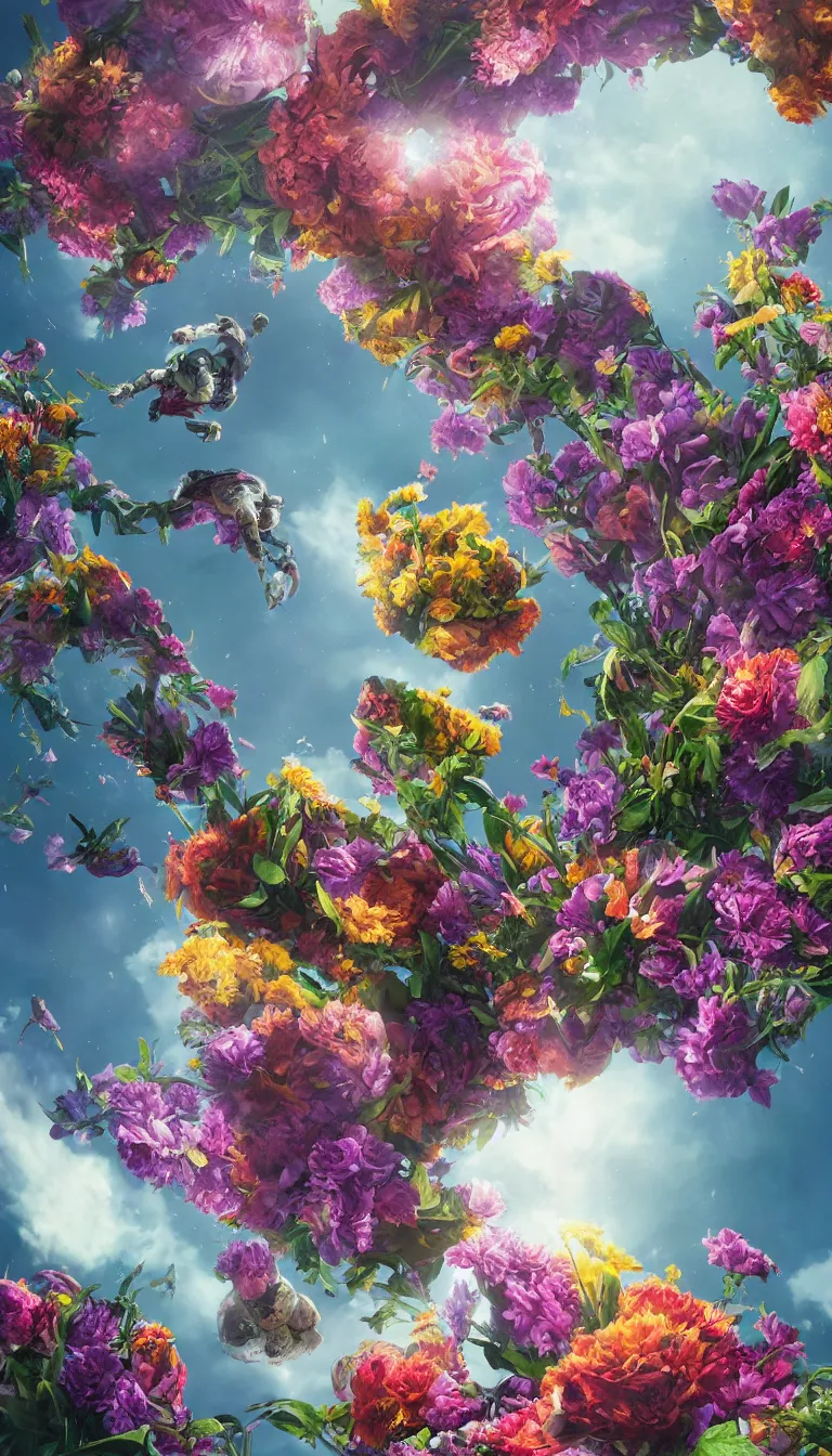 Prompt: An epic fantastic realism comic book style painting of the most beautiful flowers launched into space, bouquets, fisheye lens, unreal 5, DAZ, hyperrealistic, octane render, dynamic lighting