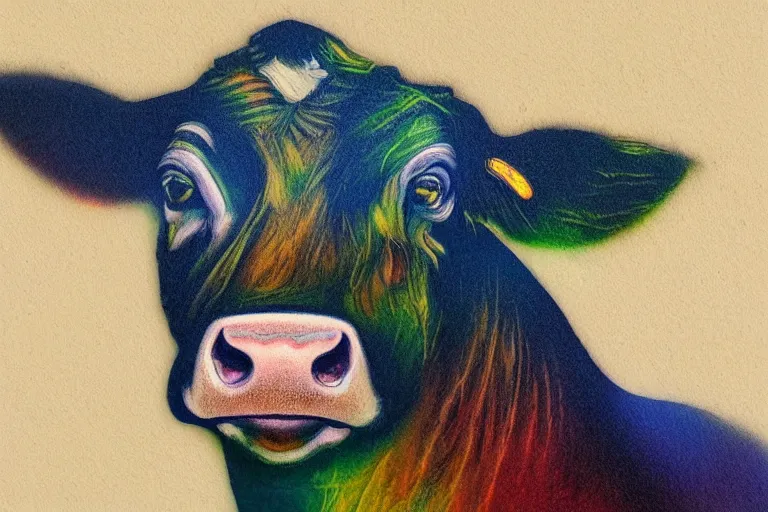 Prompt: ascend portrait of cow, in the style of rick sternbach and mark tedin and alphonse mucha, trending on artstation, soft lights product view crayon art, doge, dark academia, illustrator, impasto