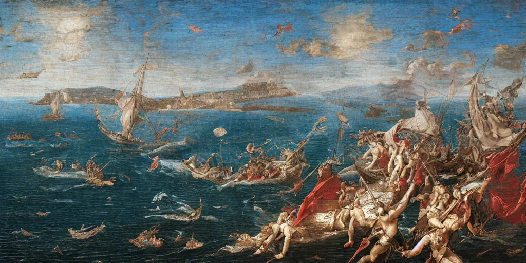 Prompt: rateo, tilt shift, gulf, gulf of Naples, Pompeian, Athene, whale, narval, poseidon, naval battle, italian masterpiece, wind, sky in background, wind rose, Ashford Black Marble, sculpture, baroque, draped with red Hibiscus and vines and spines, puffy clouds, suns, moons, drapes, armour, medieval globe, glass, portrait, mermaid, nautilus, pinecone, octopus, render, artstation, ultra detailed