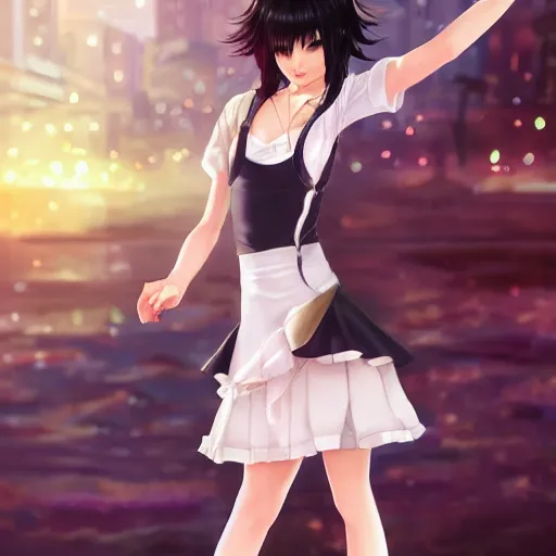 Image similar to luxury advertisement, astonishing portrait of a very beautiful anime schoolgirl with black bob hair, full perfect face, she is dancing. Realistic, highly detailed background, artstation, 120 degree view, drawn by Sasoura, Satchely and Akihiko Yoshida, no distortion