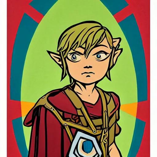 Image similar to Portrait of Link from Zelda by Shepard Fairey and Maurice Sendak