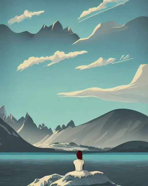 Image similar to art deco illustration of a peaceful beautiful lake, beautiful snowcapped mountain in background, epic sky, artstation, deviantart, pinterest, 5 0 0 px models