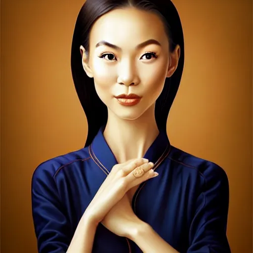 Image similar to beautiful portrait of an enthusiastic, dainty, slim, delighted vietnamese, ( waitress ) girl, stunning, intelligent, fashionable, vivid!!, sharp, crisp, ultra ambient occlusion, reflective, universal shadowing, fantasy art, extremely even lighting, art by wlop, vladimir kush!!, ilya, kevin hong!!, yasar vurdem