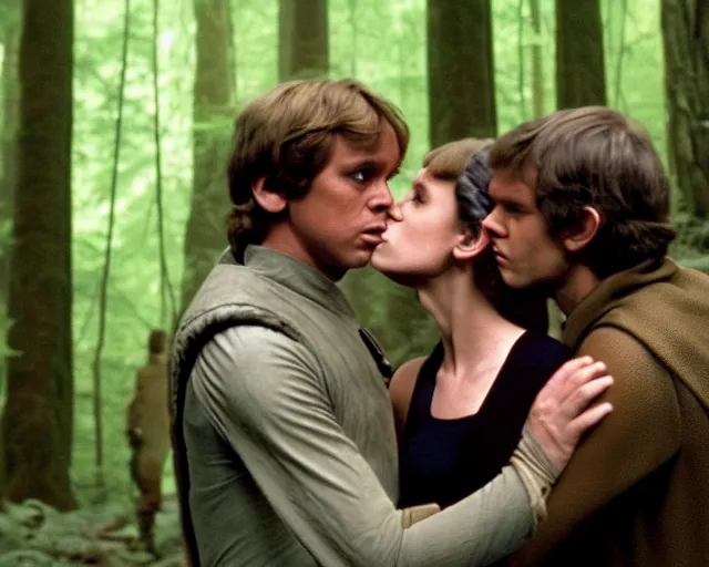 Image similar to luke skywalker, princess leia and han solo hugging and kissing in the forest of endor in a modern remake of return of the jedi