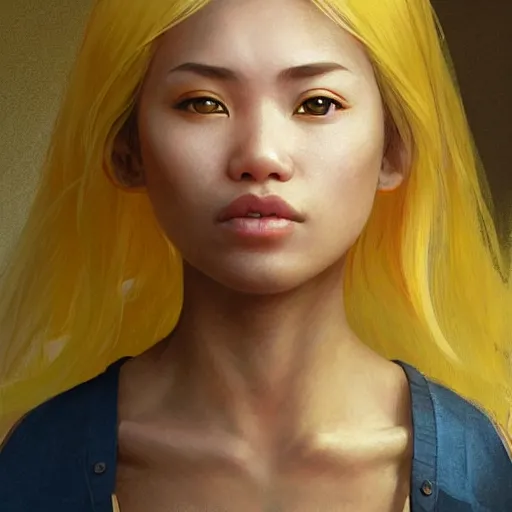 Image similar to filipino girl with blue - yellow hair and a nose band aid, metal bandaid in the nose, highly detailed, digital painting, artstation, concept art, smooth, sharp focus, illustration, art by artgerm and greg rutkowski and alphonse mucha