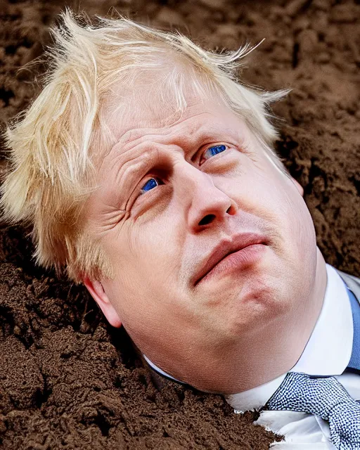 Prompt: an oil painting of uk politician former prime ministe boris johnson lying down in a pile of mud on a farm, covered in dirt, 4 k detail