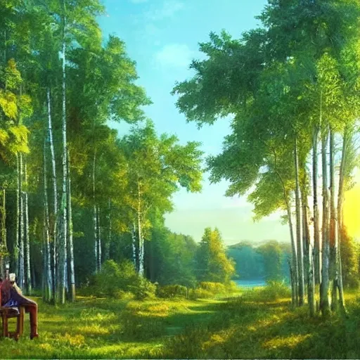 Image similar to a masterpiece detailed beautiful russian village, trees, birch, lake, golden hour, sunset, by Makoto Shinkai and Ivan Shishkin