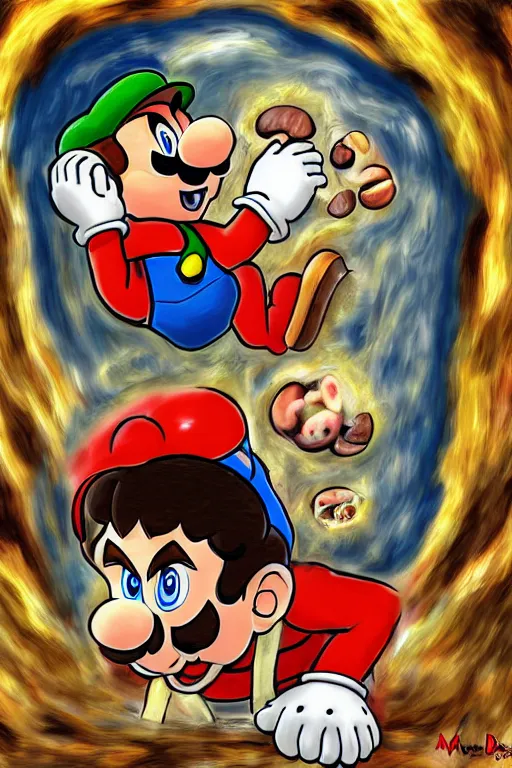 Prompt: mario eating kinopio in the style of saturn devouring his son, goya art, canvas painting, digital art, extremely detailed, photoshop, devouring, cannibalism, swallowing, humanoid mushroom