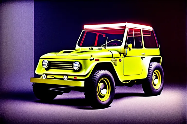 Image similar to designed by giorgetto giugiaro stylized poster of a single fj 4 0 concept, thick neon lights, ektachrome photograph, volumetric lighting, f 8 aperture, cinematic eastman 5 3 8 4 film