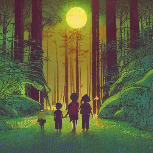 Image similar to a family walking in a beautiful luminous forest at night with fireflies, beautiful lighting, risograph, by ghibli, ross tran, hiroshi yoshida, klimt