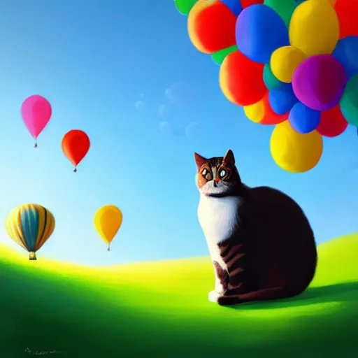 Prompt: a cat on top of a hill under a bunch of balloons, digital art by RHADS, shutterstock contest winner, digital art, behance hd, photoillustration, whimsical