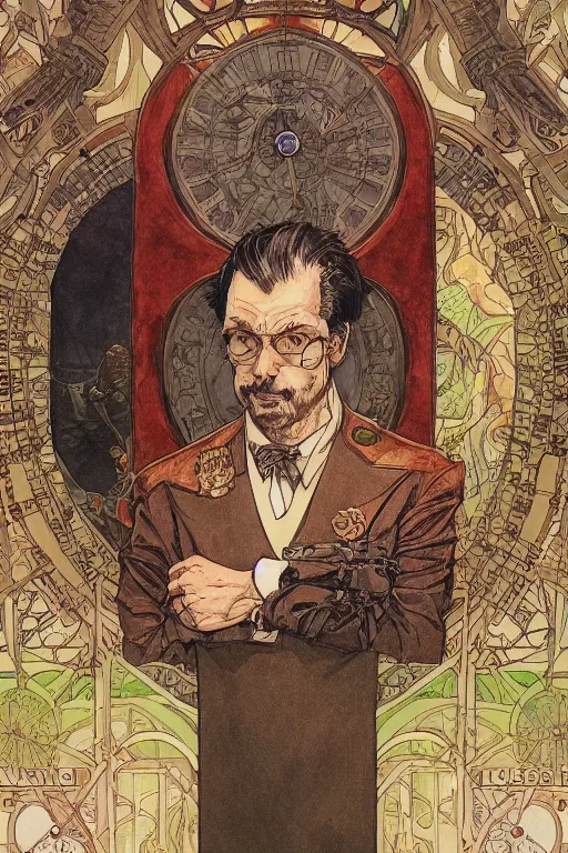 Prompt: zoomed out portrait of a german duke, stylized illustration by yoshitaka amano and moebius, watercolor gouache detailed paintings, mucha vibe, dieselpunk, solarpunk, artstation