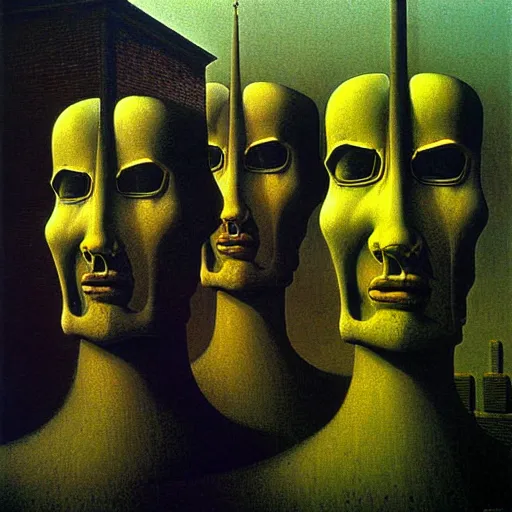 Prompt: dystopian surreal painting of eerie head statues surrounded by buildings by zdzisław beksinski and caravaggio