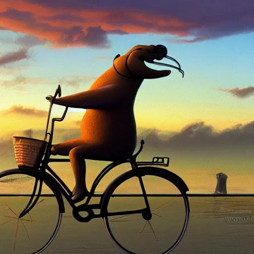 Image similar to anthropomorphic walrus riding a bicycle at sunrise realistic, hyperrealistic, very realistic, highly detailed, very detailed, extremely detailed, detailed