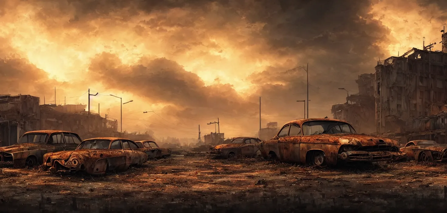 Prompt: rusty abandoned cars against the background of destroyed empty panel houses, post - apocalypse, cinematic view, epic sky, detailed, concept art, low angle, high detail, warm lighting, volumetric, godrays, vivid, beautiful, trending on artstation, by jordan grimmer, huge scene, grass, art greg rutkowski