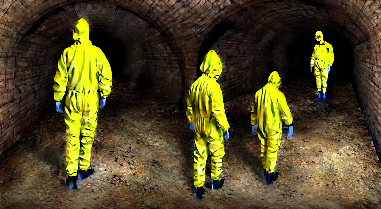 Image similar to a single man in hi viz hazmat suit wanders around a crumbling victorian london sewer, stunning render, high octane, 3 d, cinematic lighting