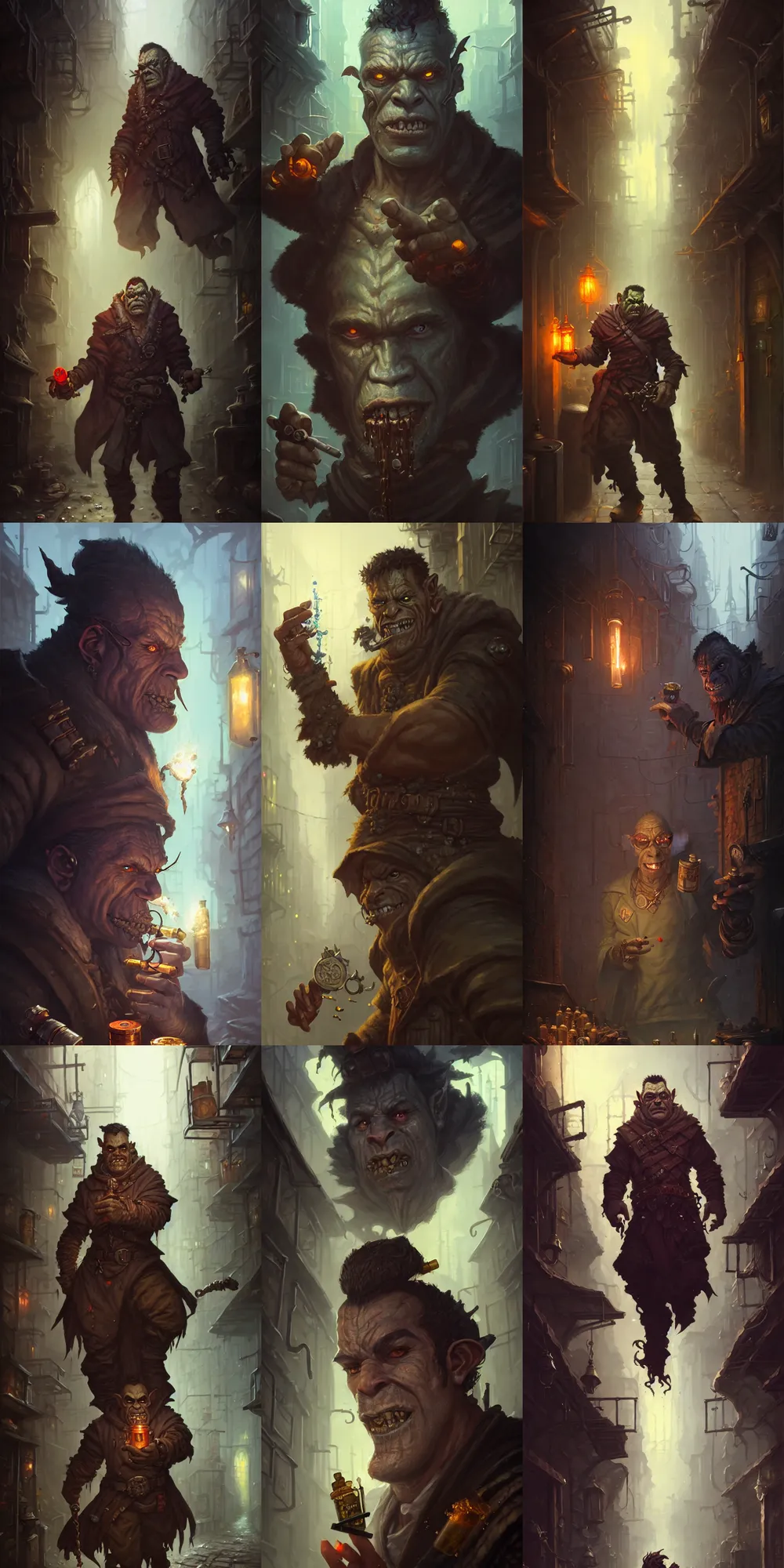 Prompt: detailed portrait of half - orc alchemist holding smoking vials standing in grimy city alleyway, by greg rutkowski, peter mohrbacher, johannes voss, magic the gathering, fantasy, d & d, artstation