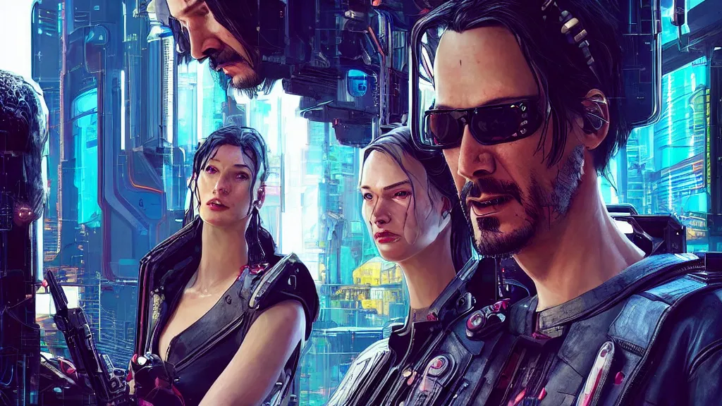 Image similar to a cyberpunk 2077 srcreenshot couple portrait of Keanu Reeves female android in love,film lighting,by Laurie Greasley,Lawrence Alma-Tadema,Dan Mumford,John Wick,Speed,Replicas,artstation,deviantart,FAN ART,full of color,Digital painting,face enhance,highly detailed,8K,octane,golden ratio,cinematic lighting