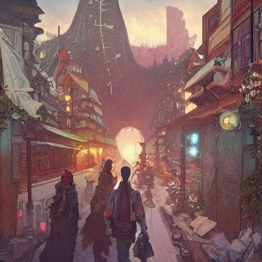 Image similar to Tlingit Maori solarpunk post-apocalyptic city street scene by Greg Rutkowski, Alphonse Mucha, Anato Finnstark, and Studio Ghibli