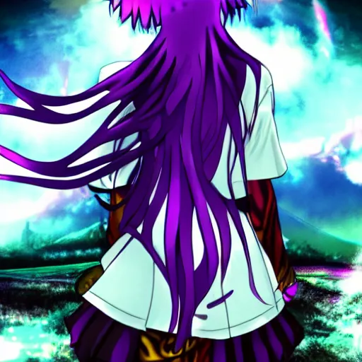 Prompt: ethereal AMV purple haired anime girl wearing a schoolgirl outfit floating in a psychedelic apocalypse in the style of Demon-Slayer