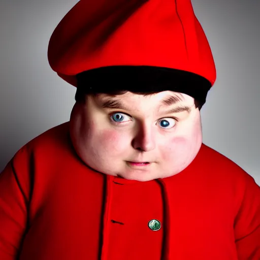 Prompt: a real life photograph of Eric Cartman from South Park. Hyper real, short obese kid with a red coat and a hat, portrait photography, studio lighting