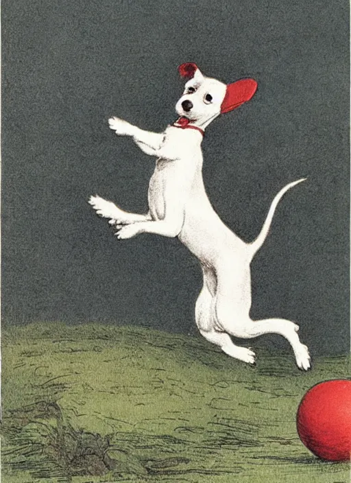 Image similar to jack russel terrier jumping from the ground over a red ball, illustrated by peggy fortnum and beatrix potter and sir john tenniel