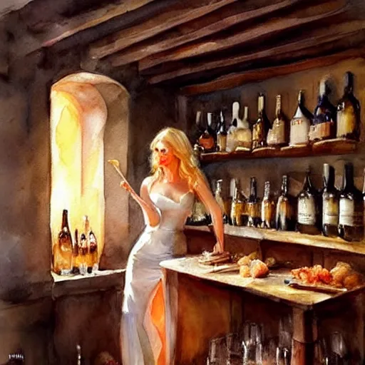 Image similar to beautiful blonde in hot dress in a wine cellar, food, pork, beer, schnapps, rustic, traditional, torches on the wall, watercolor by vladimir volegov, highly detailed, masterpiece, distance