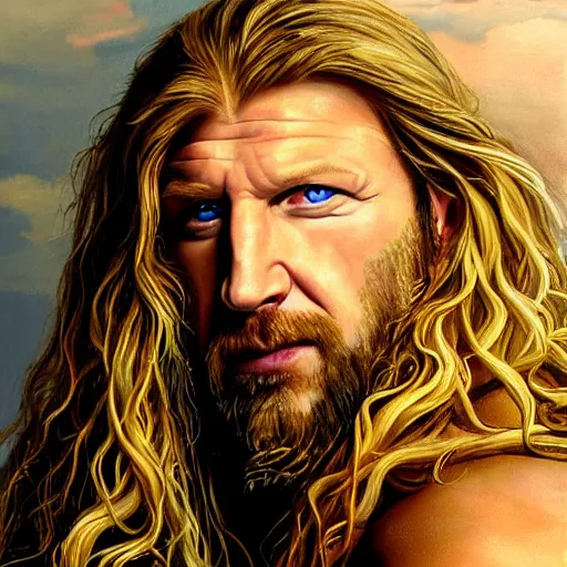 Prompt: hyper real painting of triple H with long luscious blond hair basking in the sun by Da Vinci