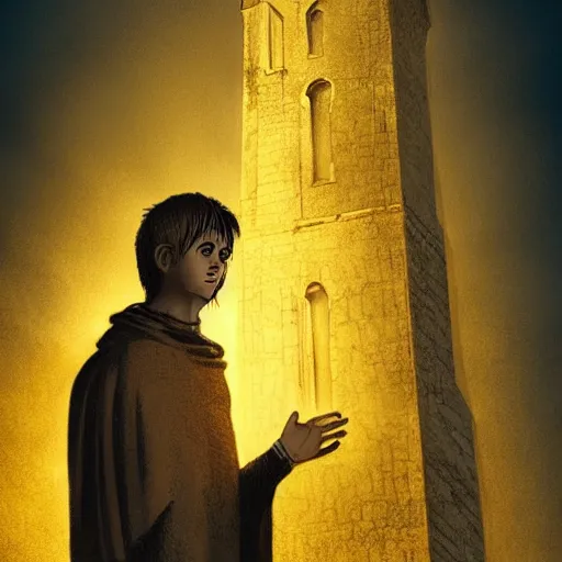 Prompt: A terrified young catholic priest at the top of a medieval tower watching in fear as an ominous yellow shadow descends upon him from the night sky. He is fervently praying but his eyes are wide open with fear. Low angle angle, dramatic lighting. Award-winning digital art, trending on ArtStation