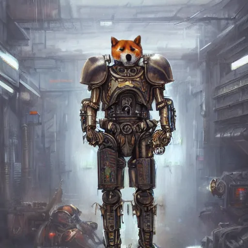 Prompt: wearing warhammer 4 0 0 0 0 emperor armor realistic cyborg anthropomorphic shiba inu scifi cyberpunk, portrait art by donato giancola and greg rutkowski, vintage retro scifi, realistic face, digital art, trending on artstation, symmetry