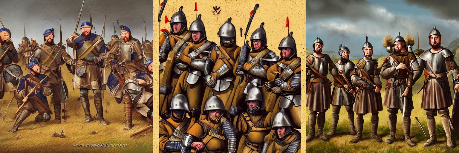 Prompt: portrait of a squad of medieval soldiers on the field of battle, by SIXMOREVODKA, detailed, determined, ready, stalwart