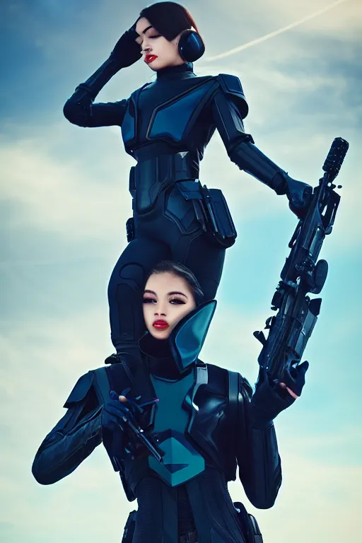 Image similar to a stunning picture of a beautiful young woman wearing futuristic deep black battle bodyarmor and legings with ombre navy blue teal hairstyle blowing in the wind shouldering a futuristic rifle by marvel comics, digital art, trending on artstation