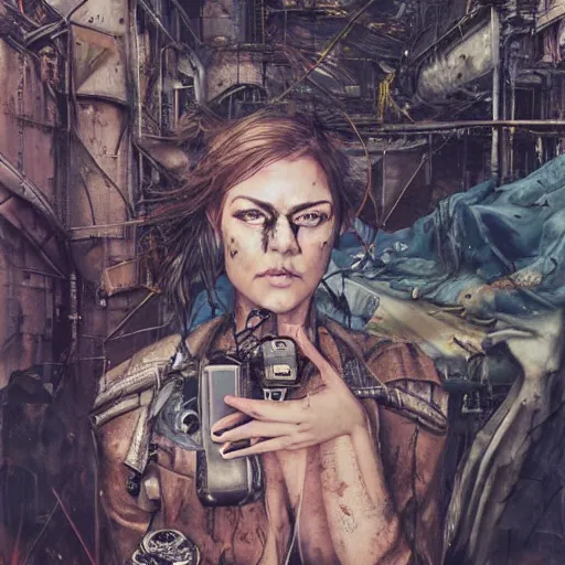 Image similar to serinda swan as an apocalyptic wasteland wanderer, steelpunk, abandoned steelworks, grime and grunge, in the style of adrian ghenie, esao andrews, jenny saville,, surrealism, dark art by james jean, takato yamamoto, kodak ektar