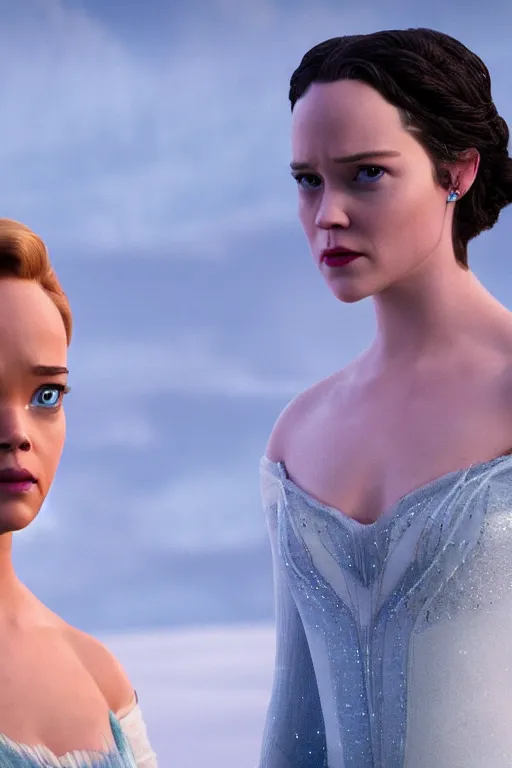 Image similar to Tessa Thompson and Evan Rachel Wood star in Disney's Westworld, in the style of frozen, Pixar movie screenshot