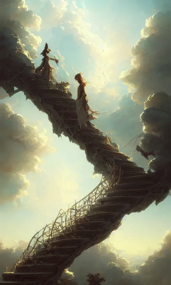 Image similar to straight staircase to heaven, sky full of clouds, art by greg rutkowski and peter mohrbacher, featured in artstation, octane render, cinematic, elegant, intricate, ultra detailed, rule of thirds, professional lighting, unreal engine, fantasy, concept art, sharp focus, illustration, 8 k